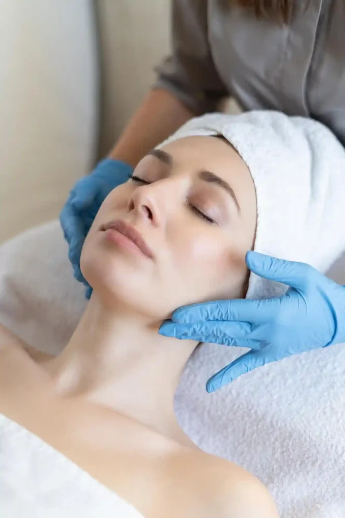 Close-up of a client undergoing Ultherapy non-surgical facelift procedure